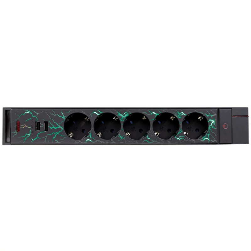 Asztali elosztó "GAMER" 5-ös, 3x1.5, 1.4m 2xUSB fekete, színes háttérvilágítással