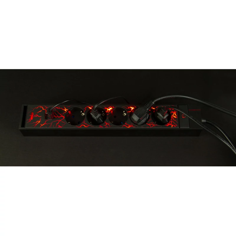 Asztali elosztó "GAMER" 5-ös, 3x1.5, 1.4m 2xUSB fekete, színes háttérvilágítással