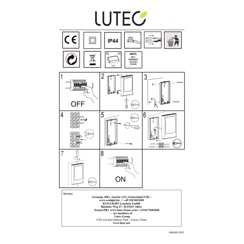 Lutec FACE 5033001001 kültéri fali led lámpa rozsdamentes acél rozsdamentes acél EVERLIGHT 2835 LED 800 lm 3000 K IP44 A+
