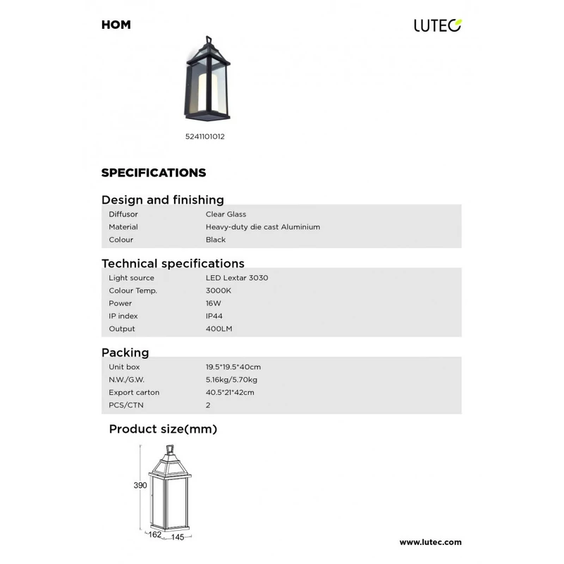 Lutec HOM 5241101012 kültéri fali led lámpa matt fekete alumínium Lextar 3030 LED 400 lm 3000 K IP44 A+