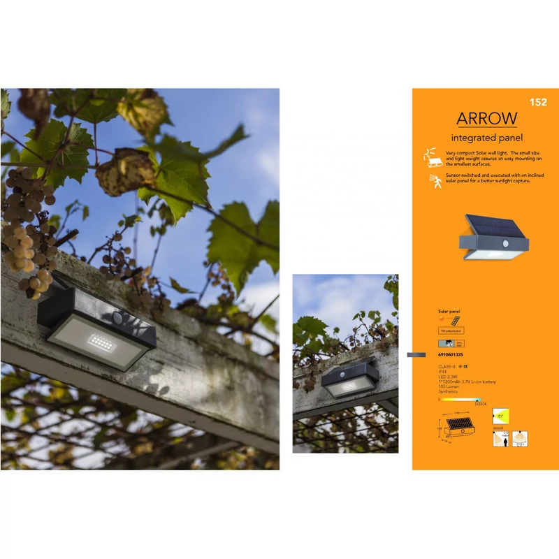 Lutec ARROW 6910601335 napelemes kültéri mozgásérzékelő szürke műanyag EVERLIGHT 2835 LED 180 lm 5000 K IP44 A+