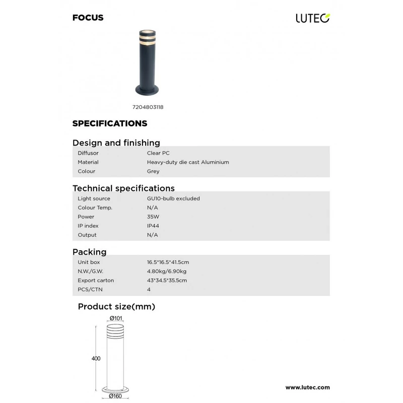Lutec FOCUS 7204803118 kültéri led állólámpa sötétszürke alumínium GU10 IP44 A